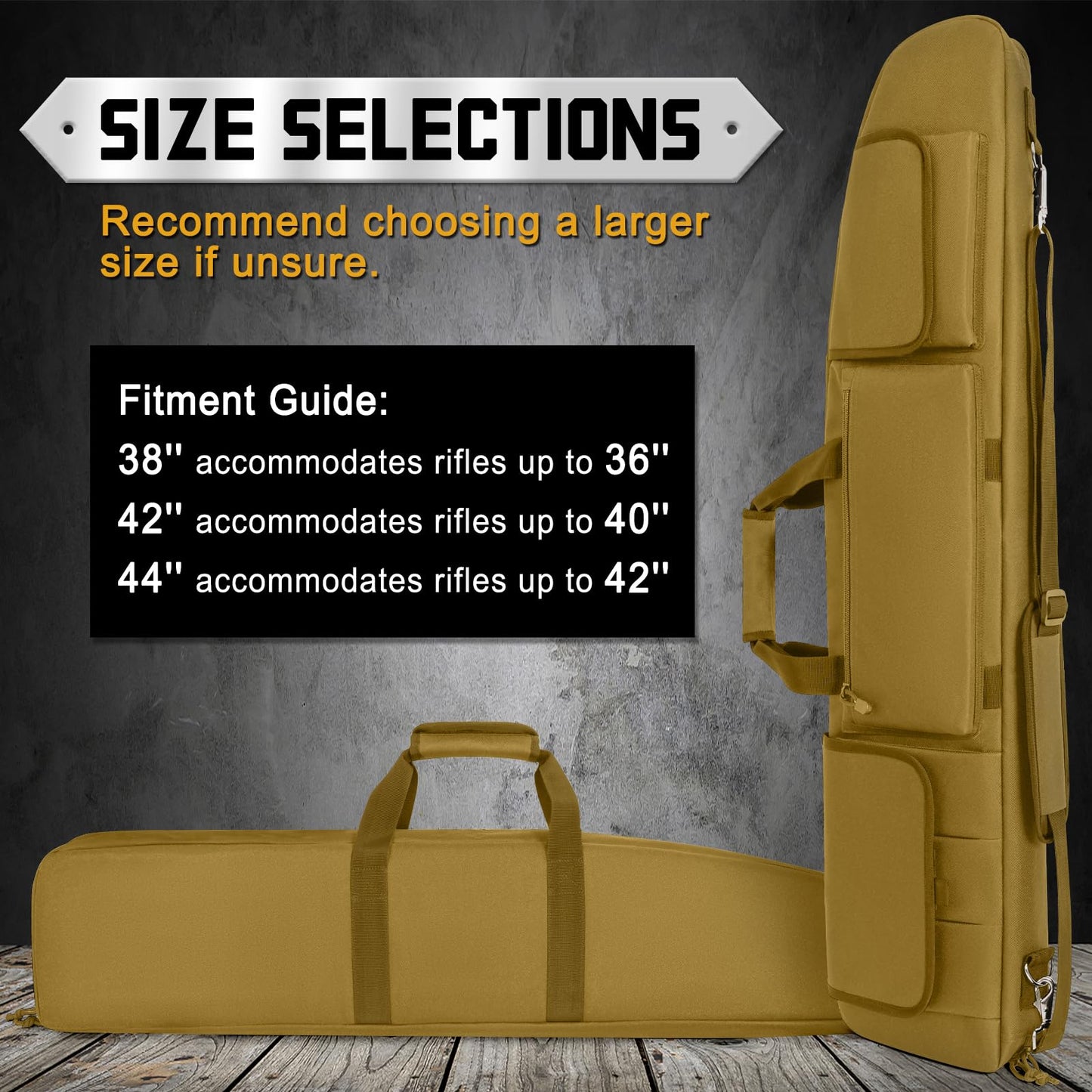 DULCE DOM Double Rifle Case, 38 42 44 inch Soft Gun Tactical Bag for Shooting Range, Movable Divider for 1 or 2 Gears, Multiple Magazine Pouches & Accessory Bags (Khaki, 44'')