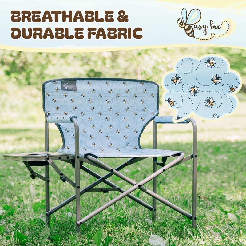 Busy Bee Kids Director Camping Chair with Foldable Side Table, Lightweight, Flat Folding, Compact and Portable, Perfect Kid Beach Chairs, Supports 150 Lbs.