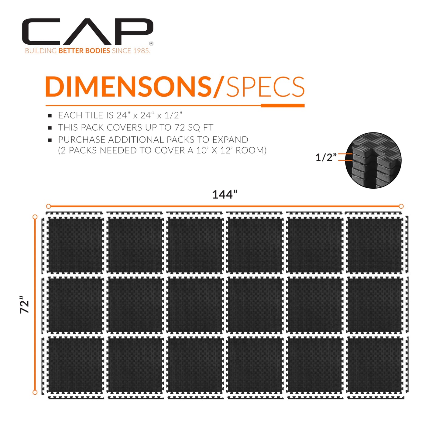 CAP Barbell 1/2-Inch Interlocking EVA Foam Exercise Puzzle Mat Home Gym Flooring - 3 Pack | 24" x 24" x 1/2" | Tatami Pattern - Black