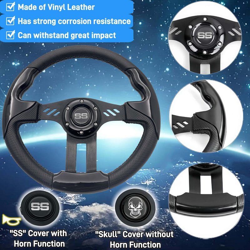 WUKO HUNT Luxury Style Golf Cart Steering Wheel - With Horn Button, with Premium Grip Leather and Ergonomic Design, Fit EZGO TXT/RXV/Club Car DS/Precedent/Yamaha Most Golf Carts (Black-Skull/SS)