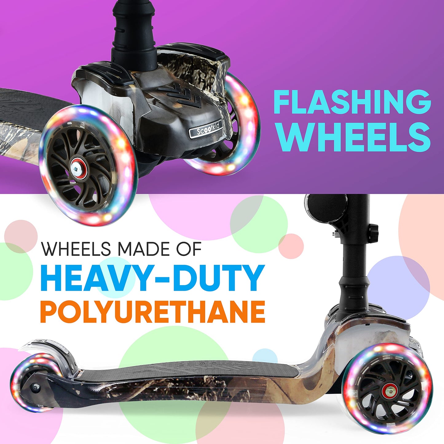 Hurtle 3 Wheeled Scooter for Kids - 2-in-1 Sit/Stand Child Toddlers Toy Kick Scooters w/ Flip-out Seat, Adjustable Height, Wide Deck, Flashing Wheel Lights, For Boys/Girls 1 Year Old+ (Real Tree)