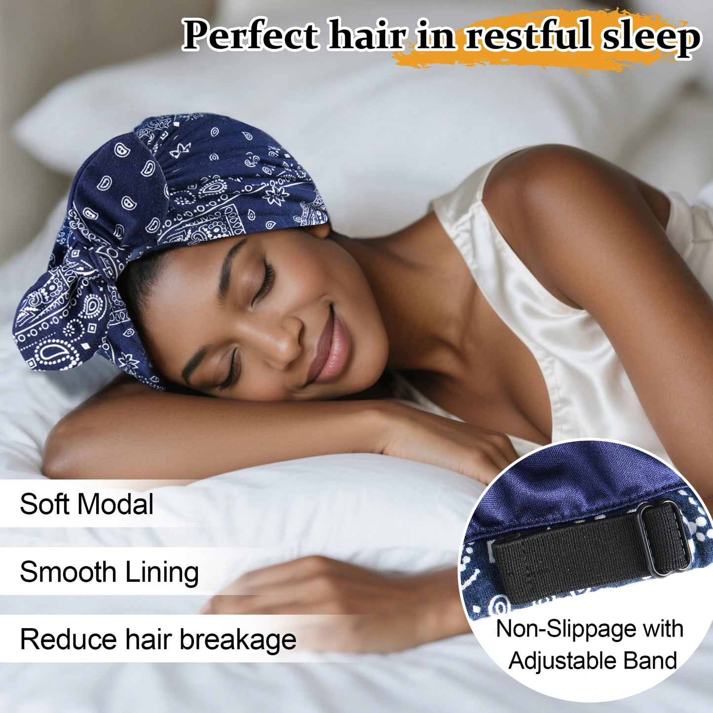 Ababalaya 2PCS Satin Lined Beanies for Women Chemo Headwear Silky Lined Cotton Sleeping Cap (2, 2Navy Blue)