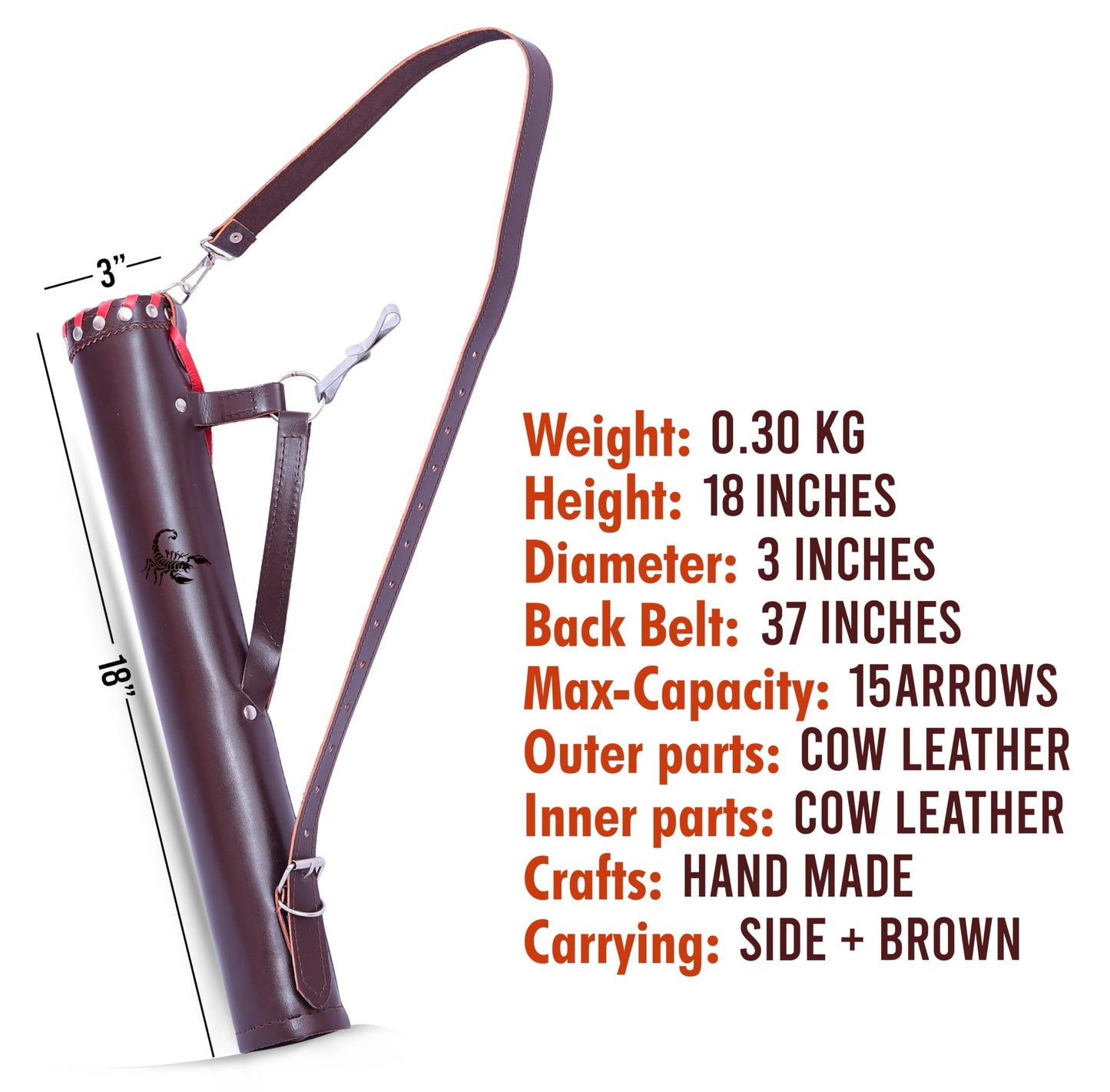 ONLYHANDMADE Traditional Shoulder Back Quiver Bow Leather Arrow Holder with Handmade Straps Belt Bag Tube-shaped Genuine Leather Archery Arrow Case for Hunting & Target Practicing (SUEDE D/BRONW)