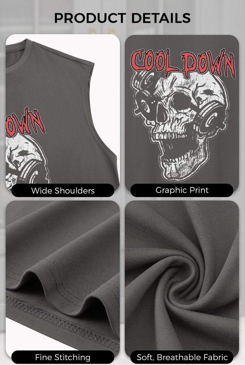 VOGSTART Men Tank Top Loose Fit Designer Tee Summer Cozy Shirts Classic Cut Off Cotton Novelty Gym Soft Sleeveless Graphic Training Sport Exercise Motion Muscle Dark Grey Skull M