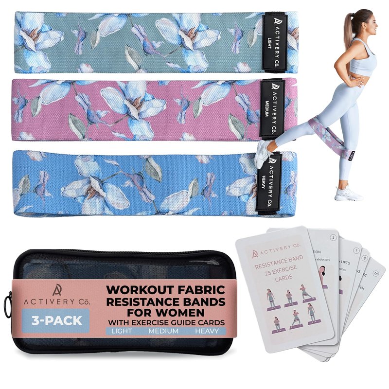 Activery Co. Fabric Resistance Bands for Women – Non-Slip Fitness Tool for Glutes, Legs & Full-Body Training – Ideal for Toning & Recovery – Includes Workout Guide & Travel Bag – 3 Pack (Floral Print)