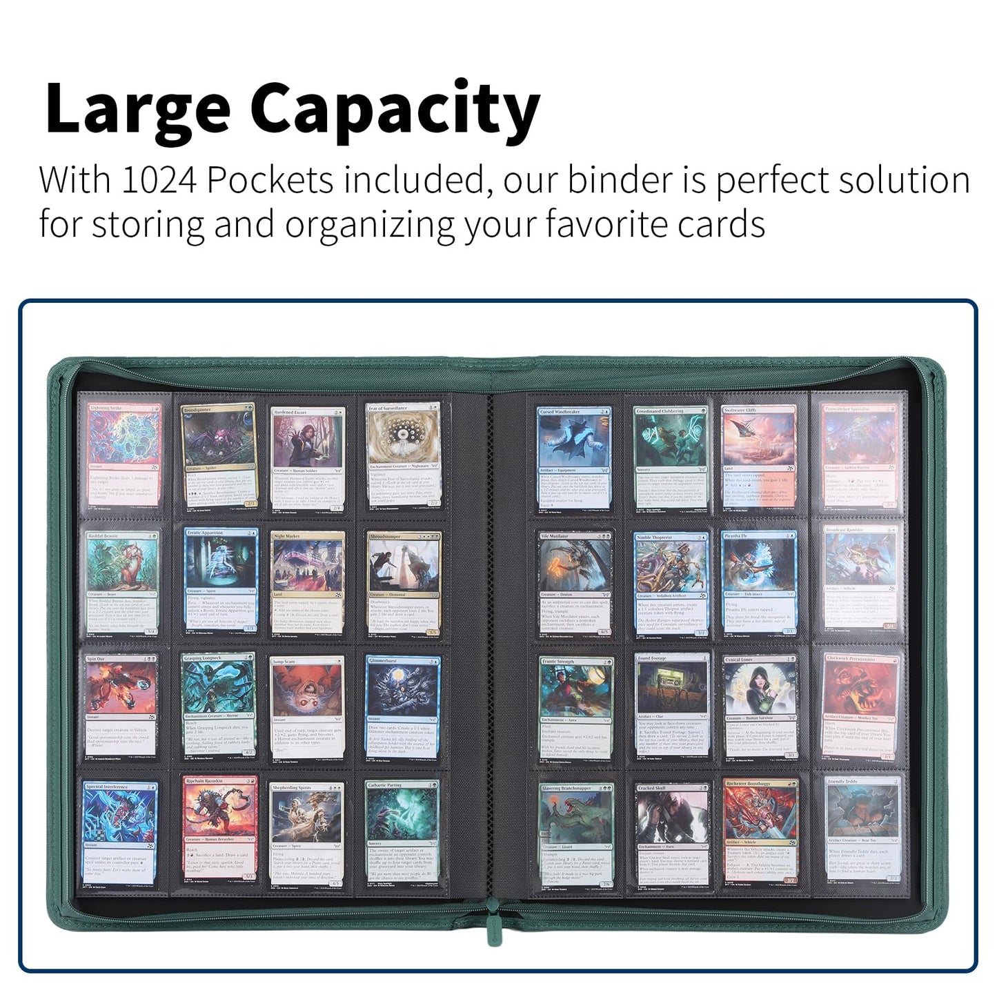 Snekdy premium 1024-pocket trading card binder, 16-pocket cards album, waterproof PU-leather Cover album with side loading, holds gaming, baseball, basketball & sports cards Green