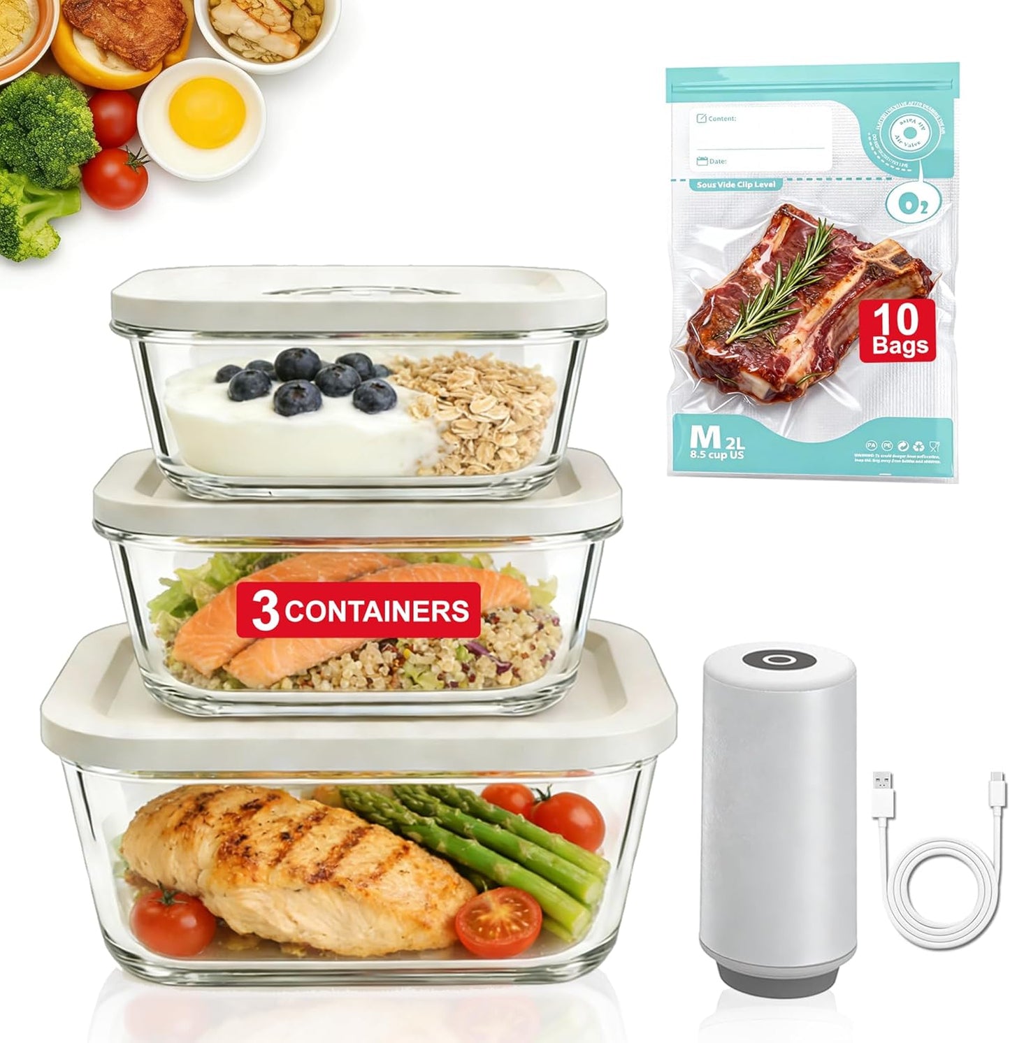 Compact Vacuum Sealer - Powerful Handheld Food Sealer with 3 Glass Containers & 10 Reusable Bags | Ideal for Kitchen Meal Prep & Travel