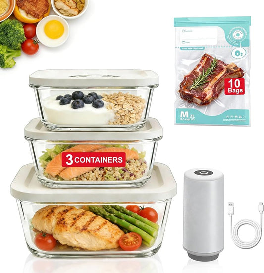 Compact Vacuum Sealer - Powerful Handheld Food Sealer with 3 Glass Containers & 10 Reusable Bags | Ideal for Kitchen Meal Prep & Travel