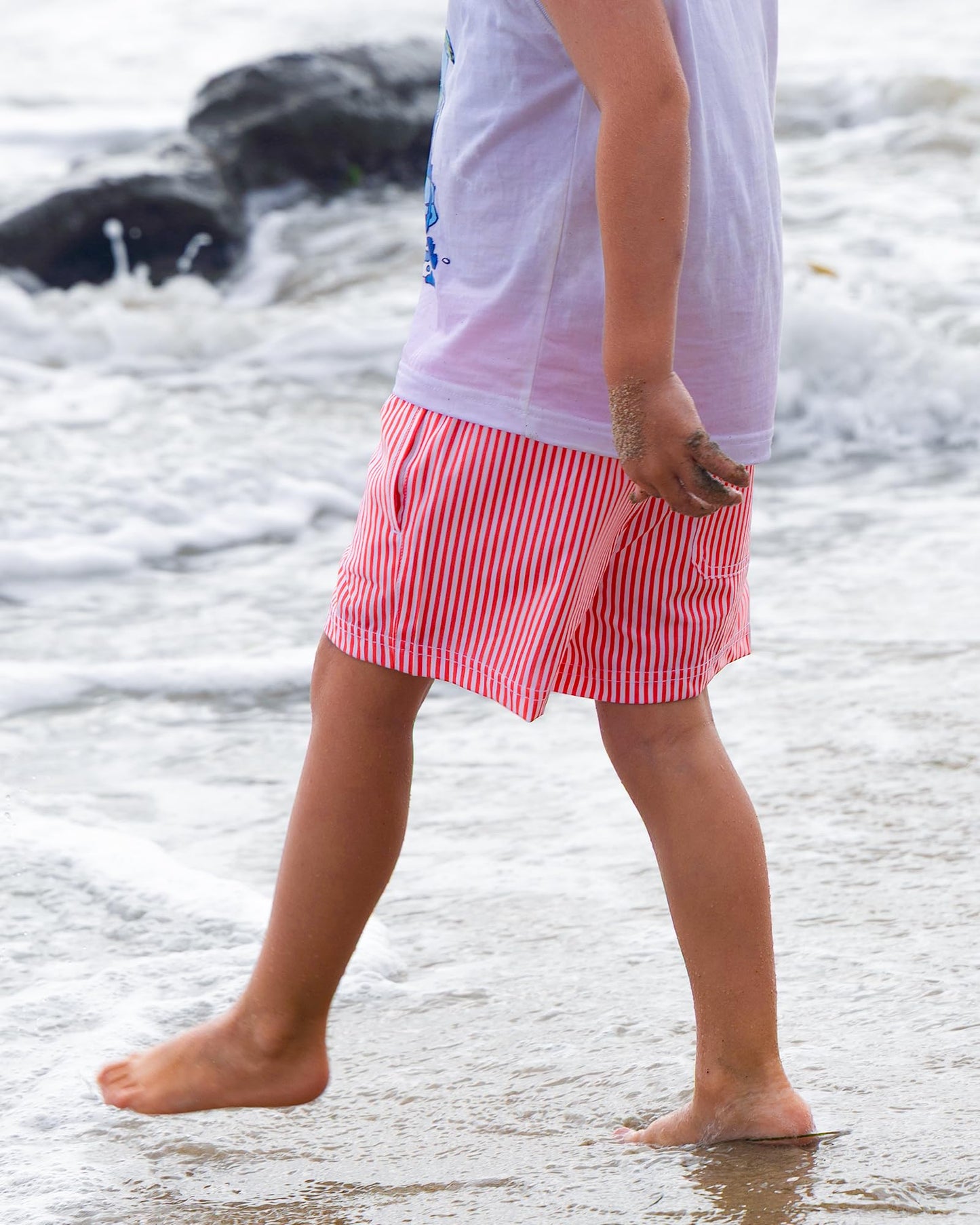 maamgic Boys Swim Trunks with Compression Liner Toddler Stretch Swim Shorts Quick Dry Swimming Trunks Boxer Brief 2 in 1 Beach Shorts Red Stripe 4T