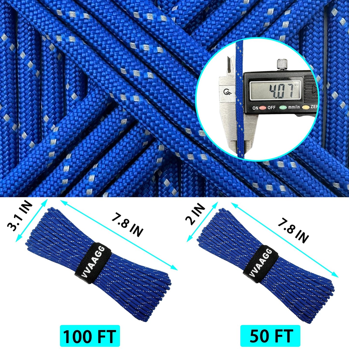 VVAAGG Reflective Paracord Rope 100FT, 7 Strand Nylon para Cord Lanyard Utility 550 Parachute Cord, 4mm Thin Tent Rope for Outdoor Camping Hiking (Blue)