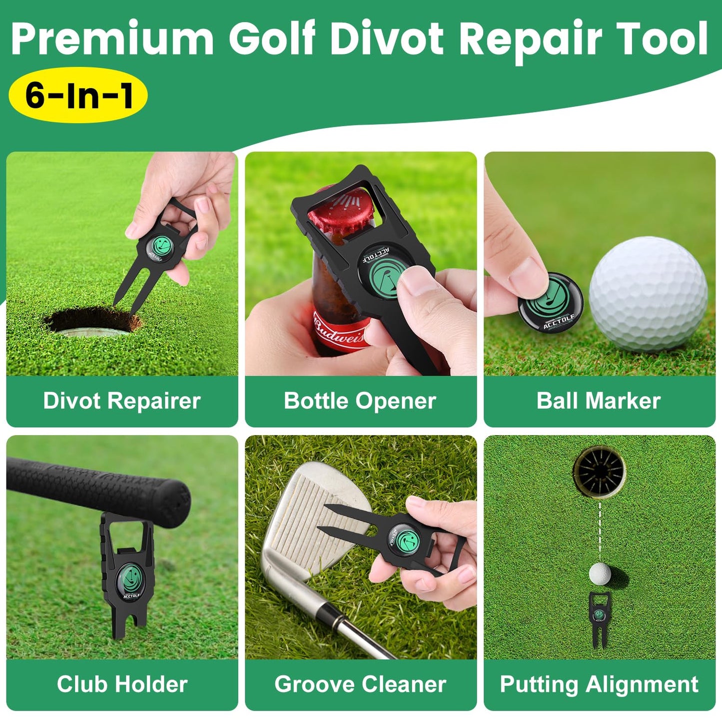 ACCTOLF 4Pcs Golf Divot Tool, 6 in 1 Premium Divot Repair Tool with Ball Marker, Ultimate Divot Tool for The Golf Green, Funny Golf Accessories Gift, Tee Holder, Groove Cleaner, Divot Repairer