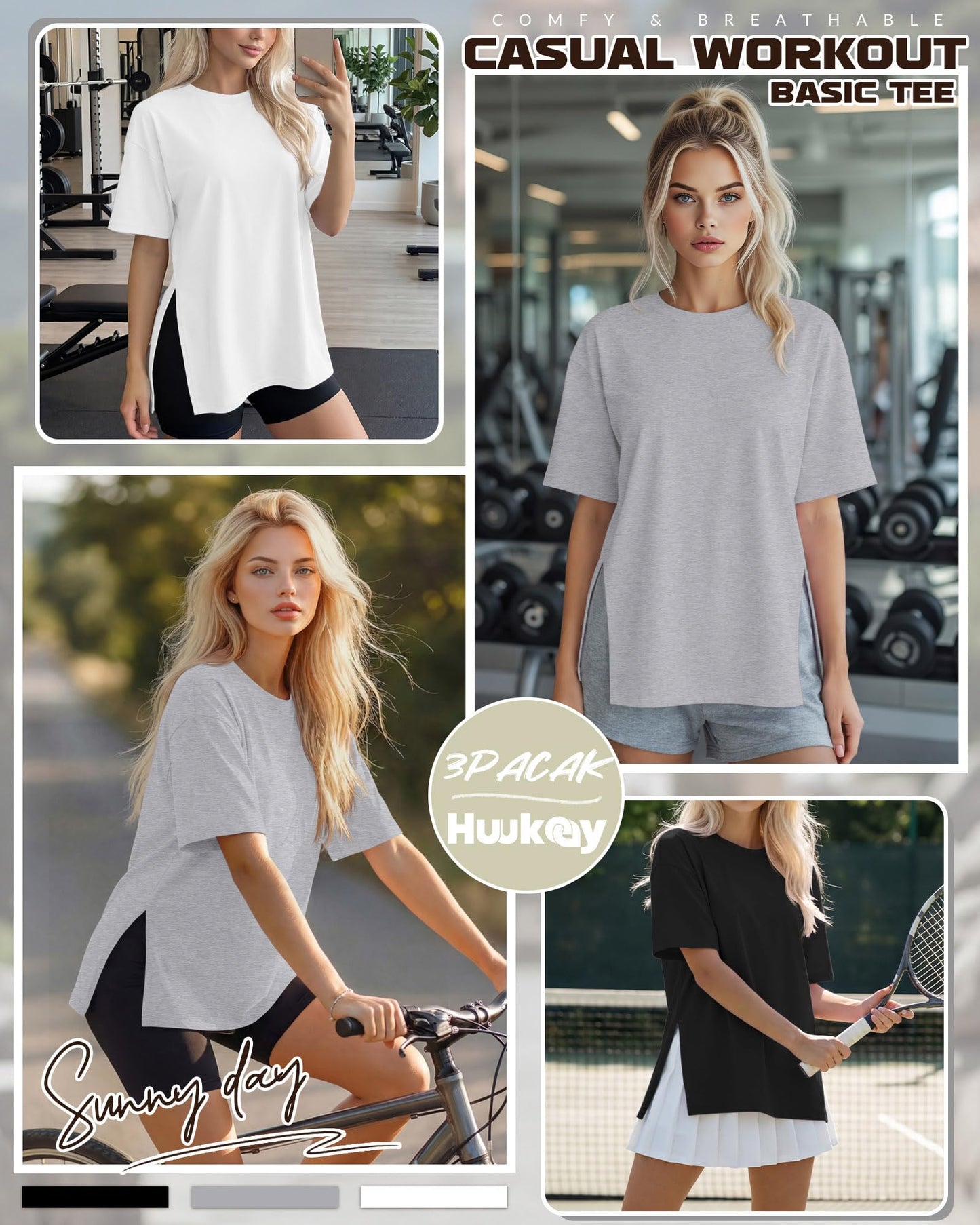 Huukeay 3 Pack Women's Oversized Workout T Shirts Short Sleeve Loose Fit Gym Tops Crewneck Casual Summer Basic Tees(L,Black, White, Gray)