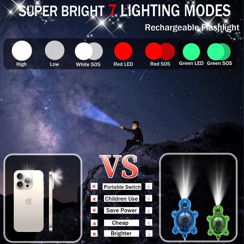 3PCS Set Turtle Keychain Flashlights, 7 Modes LED & SOS Emergency Rechargeable Mini Flashlight Key Ring Handbag Bag Purse Keychains Set Nurse Animal Keychain Lights, Outdoor Adventures (Small)