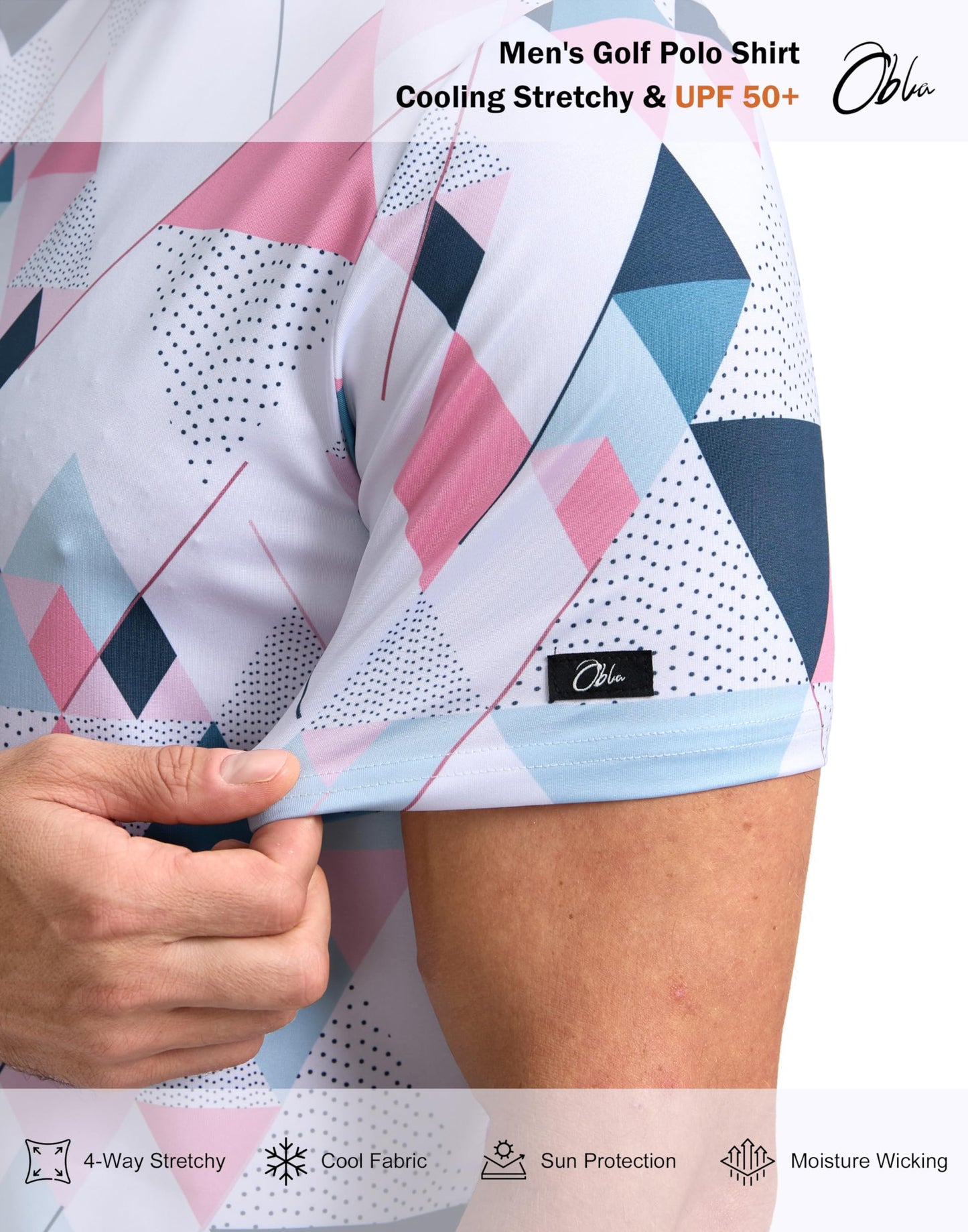 Obla Mens Golf Polo Shirts Short Sleeve Dry Fit Performance Moisture Wicking Casual Print Collared Golf Shirts for Men(White Pink Geometry_4XL)