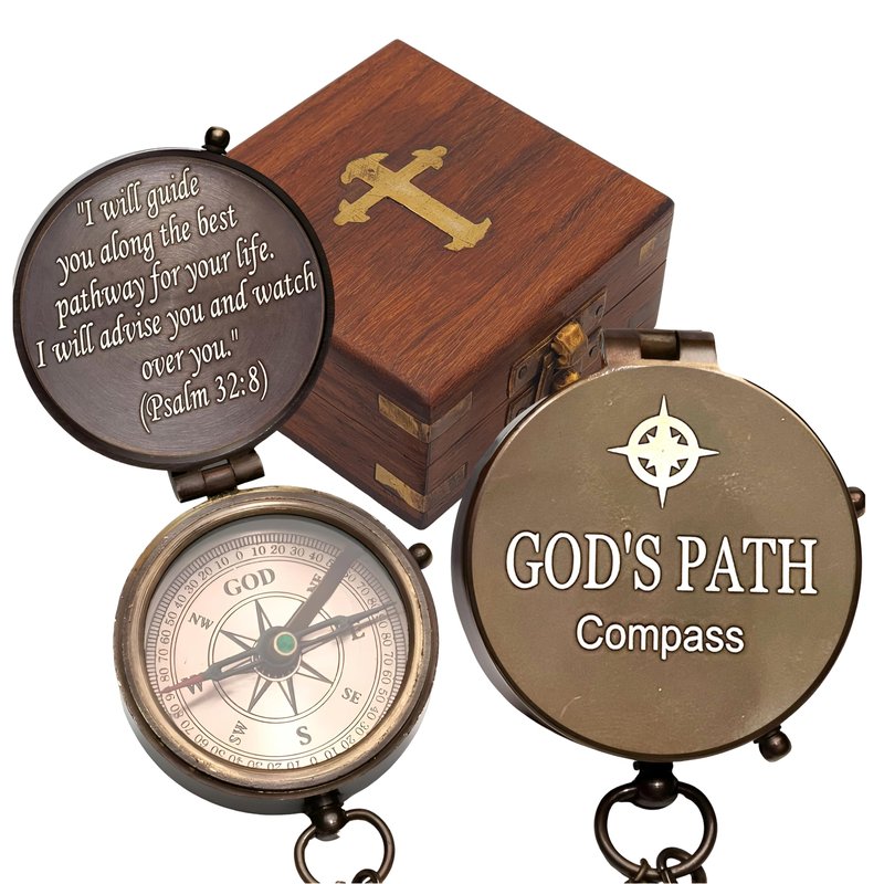 God's Path Compass - Engraved Working Handmade Antique Compass with Scripture - Religious, Christian, Catholic, Christening, First Communion, Confirmation Gifts for Teenage Boys and Men