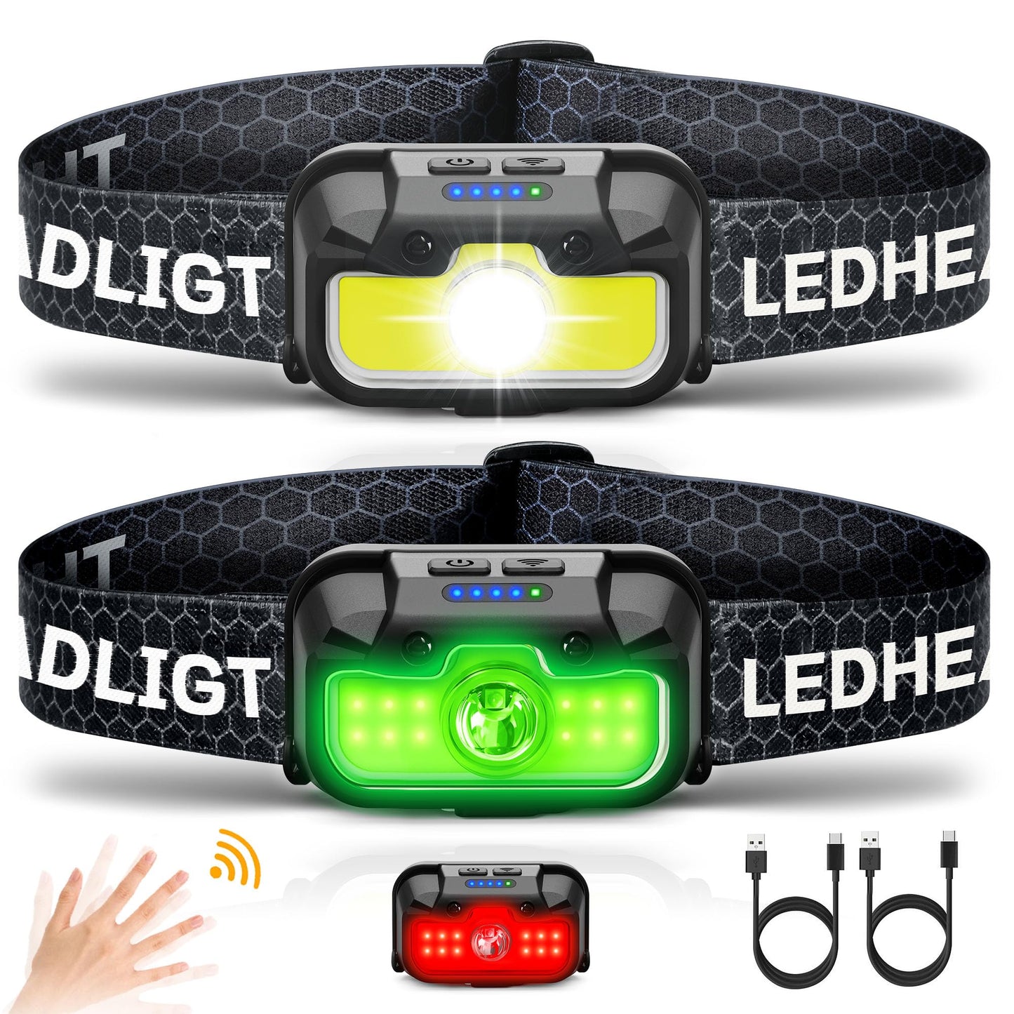 Headlamp Rechargeable, 2 Pack 1300 Lumen Ultra-Light Bright White Red Green Headlamp, 14 Modes Adjustable Waterproof Motion Sensor Headlight for Outdoor Camping Hunting Running Hiking Cycling