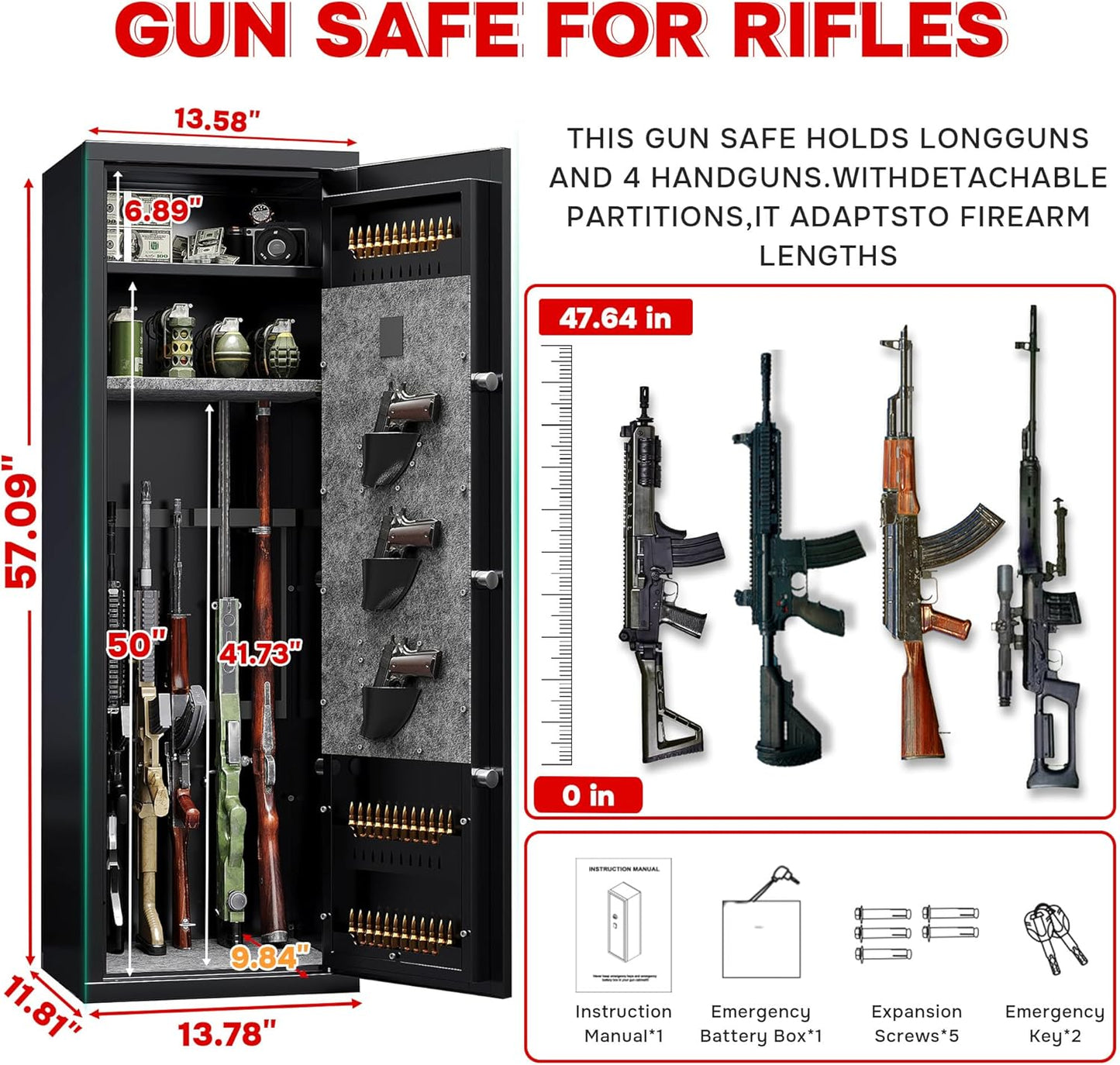 10-12 Gun Safe for Home | Fast Biometric Fingerprint Long Gun Storage - 57" High, Adjustable Shelves, Heavy Duty Black Cabinet
