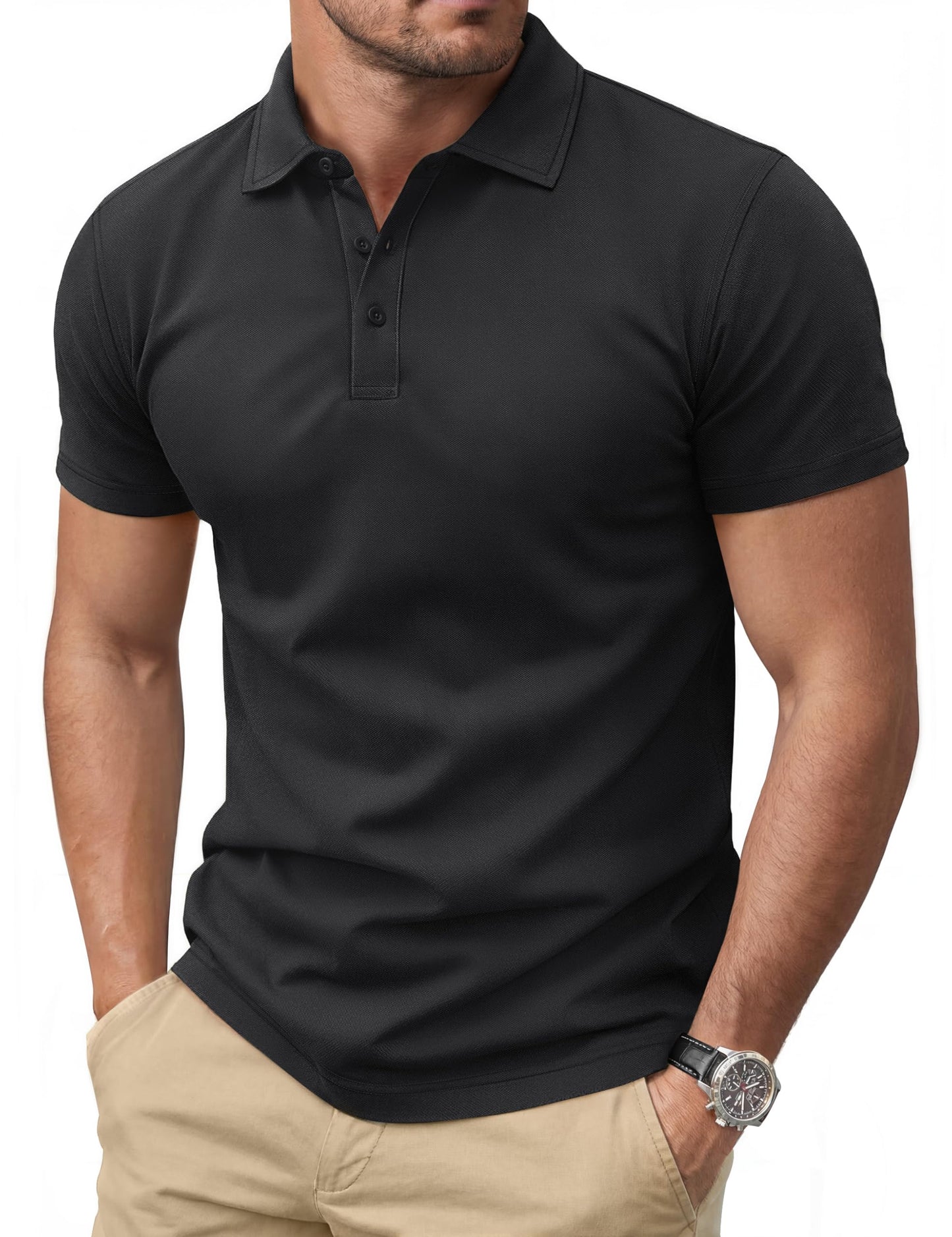 Cotrasen Men's Polo Shirts Short Sleeve Cotton Pique T-Shirts 3 Buttons Classic Fit Casual Lightweight Cooling Performance Golf Shirts Black L