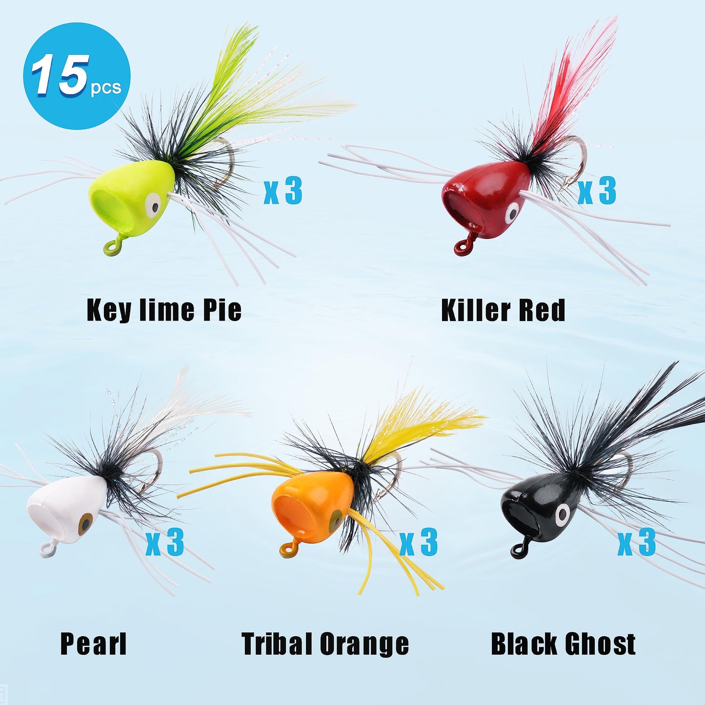 Fly Fishing Popper Flies Kit,15pcs Bass Poppers Lures Dry Flies Fly Fishing Popper Lures Panfish Bluegill Poppers Fly Lure Baits with Hooks for Freshwater Saltwater