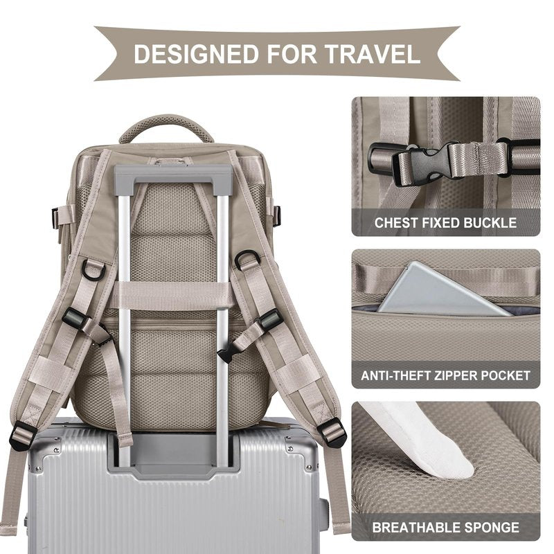 WONHOX Large Travel Backpack Women, Carry On Backpack, Hiking Backpack Waterproof Outdoor Sports Rucksack Casual Daypack with USB Charging Port Shoes Compartment, Grey Brown