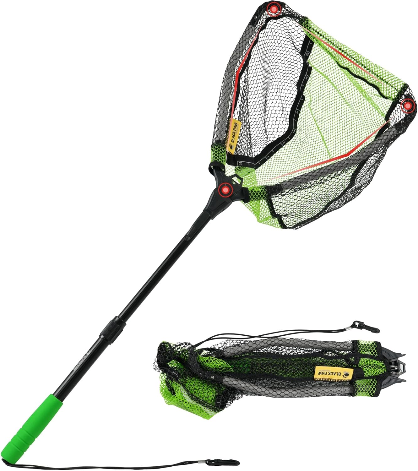 Telescopic Fishing Net - Foldable Black Paw Design with Built-In Length Scale | Rubber Coated for Kayak & Trout