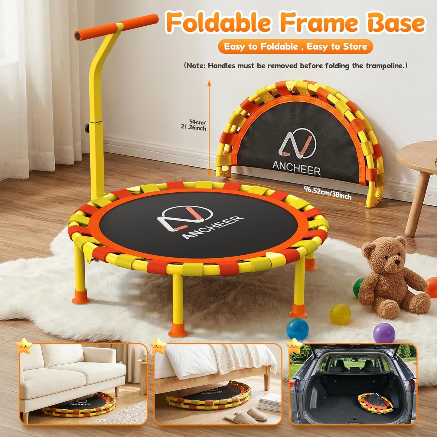 Ancheer 38'' Toddler Trampoline - Mini Trampoline for Kids 1-6 | Adjustable Handle, Foldable Design