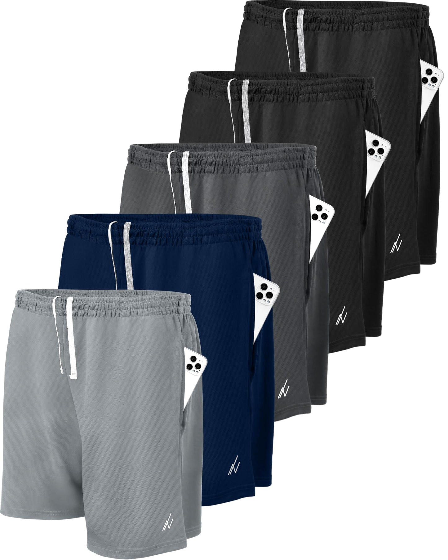 NY Threads 5 Pack Men's Athletic Shorts Quick Dry Loose-Fit Lightweight Running Workout Gym Shorts with Pockets, Large, Black/Black/Navy/Dark Grey/Medium Grey