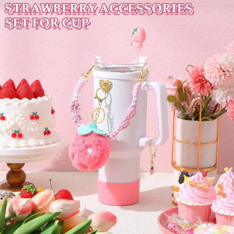 Domensi 6 Pcs Pink Strawberry Accessories Set Compatible with Cup, Pink Water Bottle Handle Strap Tumbler Silicone Straw Cover Charm Strawberry Plush Keychain Gift Decoration