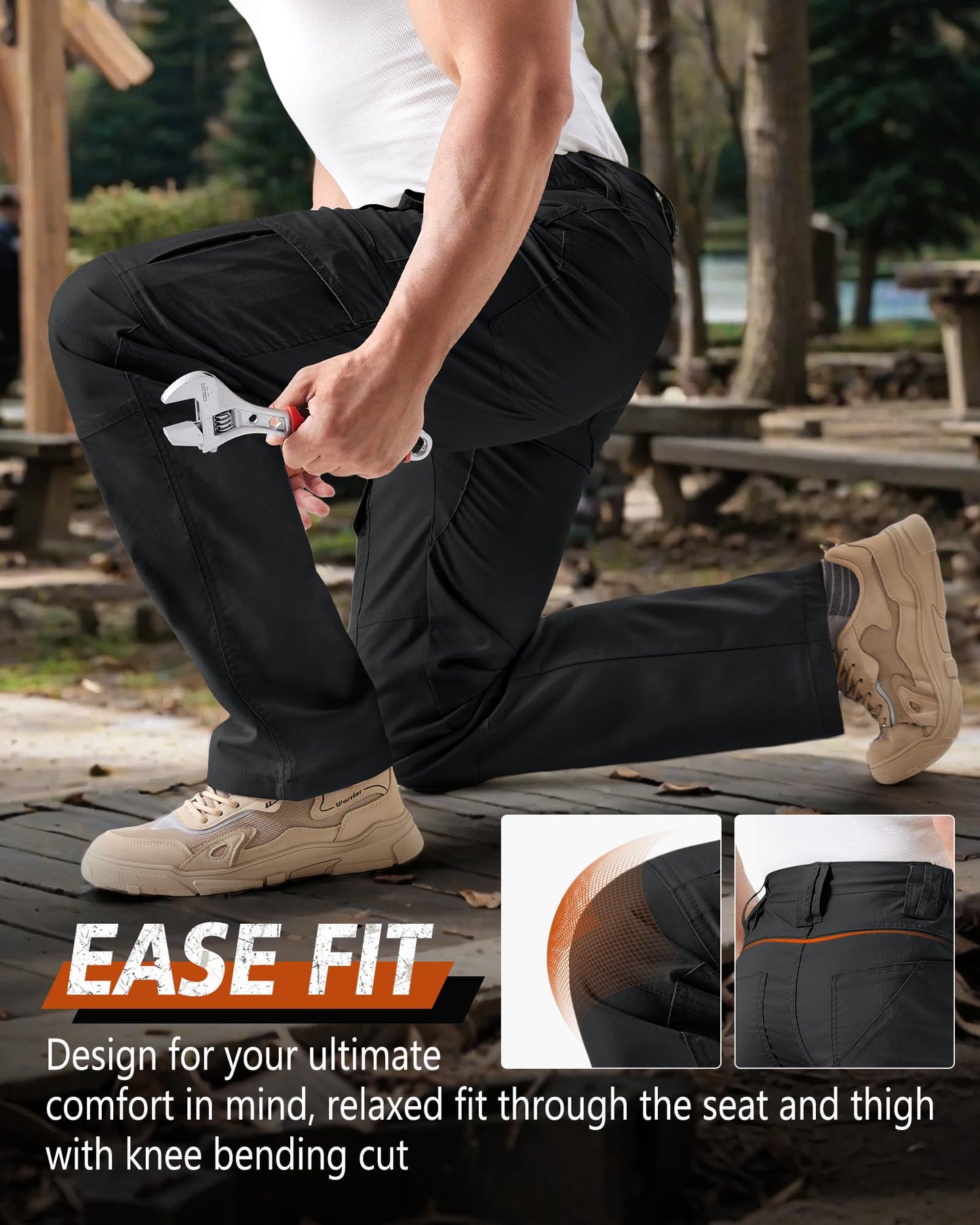 IGOLUMON Men's Stretch Tactical Pants, Ripstop Cargo Pants Outdoor Lightweight EDC Hiking Work Pants with 10 Pockets, Black