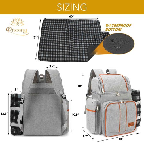 Rnoony Picnic Backpack for Camping, Picnic Basket for 4 with Insulated Cooler Bag and Bottle Pouch, Picnic Bag with Lightweight Blanket and Cutlery Set for Family, Couples and Hiking