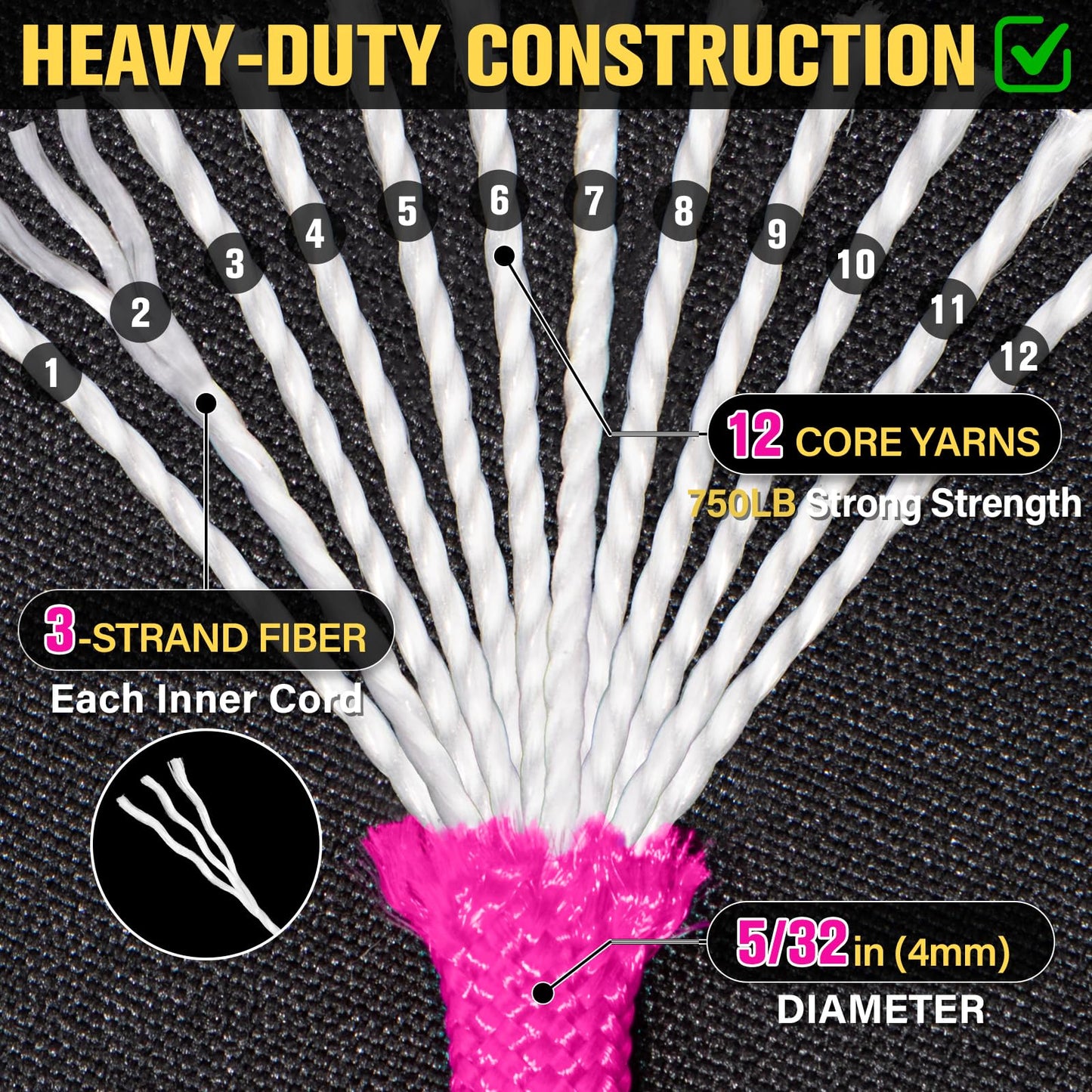 TRIBERION Paracord Rope 750 lb - 500ft 5/32" Parachute Cord 4MM 12-Strand para Cord - Heavy Duty Spool String for Survival,Camping Gear, Survival Bracelet, Clothesline - Rose Pink