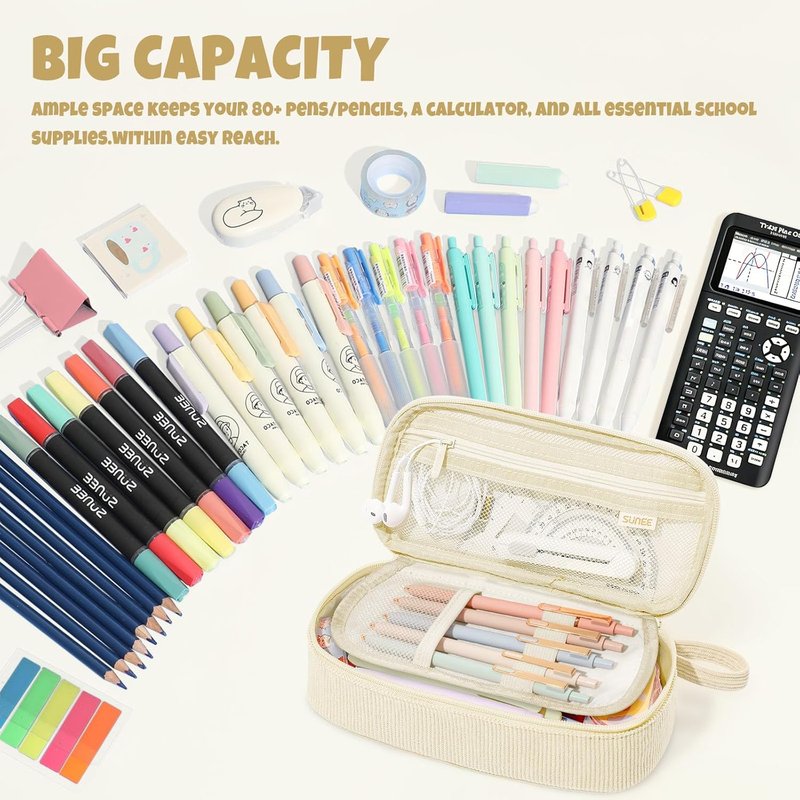 Cute Pencil Case - Large Capacity Aesthetic Zipper Pouch for Stationery | Soft Corduroy, Beige