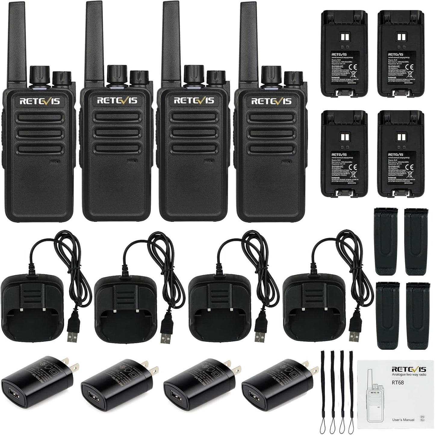 Retevis RT68 Walkie Talkies - Long Range 2-Way Radios for Adults | Rechargeable 1200mAh Battery, Portable (4 Pack)