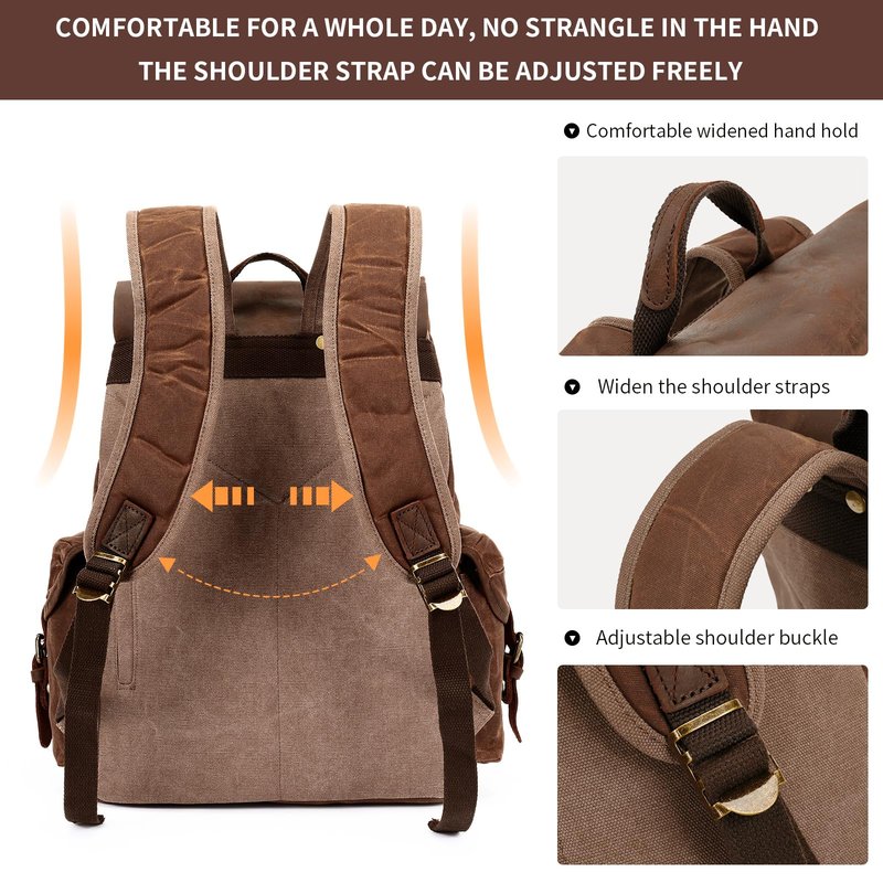 HuaChen Vintage Waxed Canvas Backpack with Genuine Leather Flap, Travel & Work Rucksack, Water-Resistant Daypack with Anti-Theft Pocket, Large (15.6"), M80 Brown