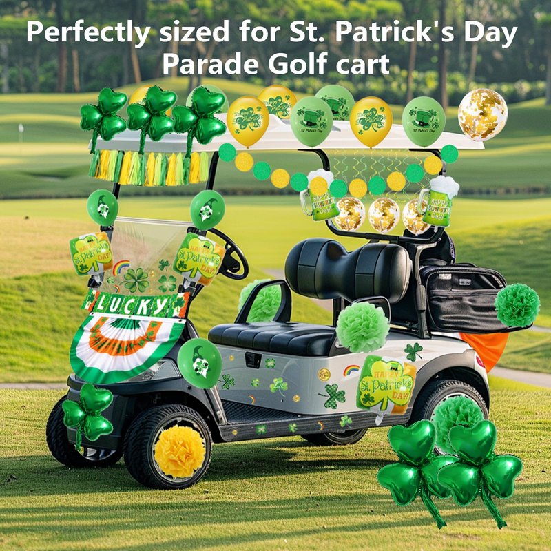 St Patricks Golf Cart Parade Decorations Kit, Complete Parade Float Accessories with Shamrock Garland for St. Patrick's Day Golf Cart Festival Decor, St Patricks Day Accessories