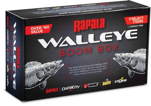 Rapala Walleye Boom Box, Walleye Lure Selection Includes 7 Hand-Picked baits Plus 1 Bonus Item, Featuring Trusted Brands Like Rapala, VMC, Crush City, Sufix, and Storm