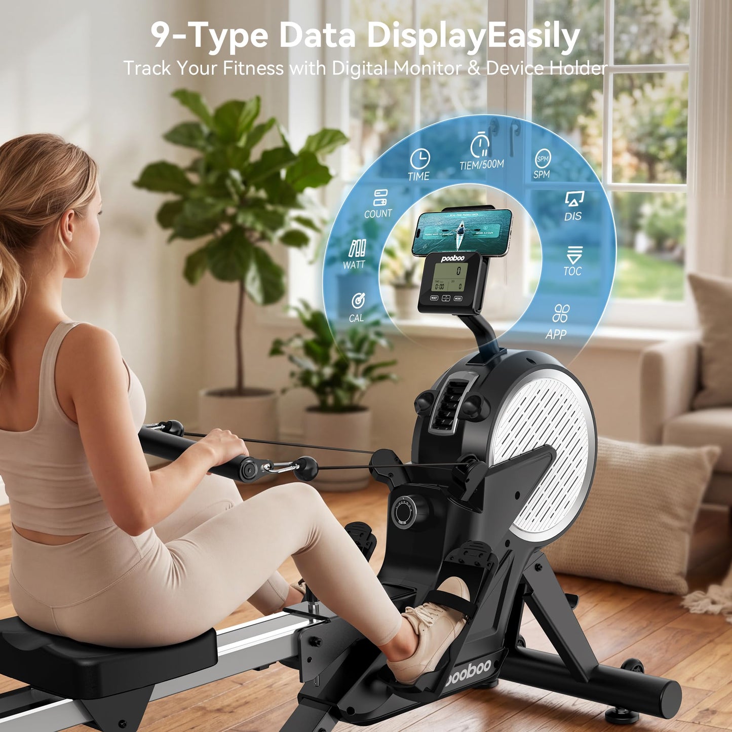 pooboo Rowing Machines for Home, Dual Wind & Magnetic Resistance, Foldable Row Machine 400 LB Weight Capacity, 14 Levels Resistance Quiet Rowers for at Home Exercise, App Supported