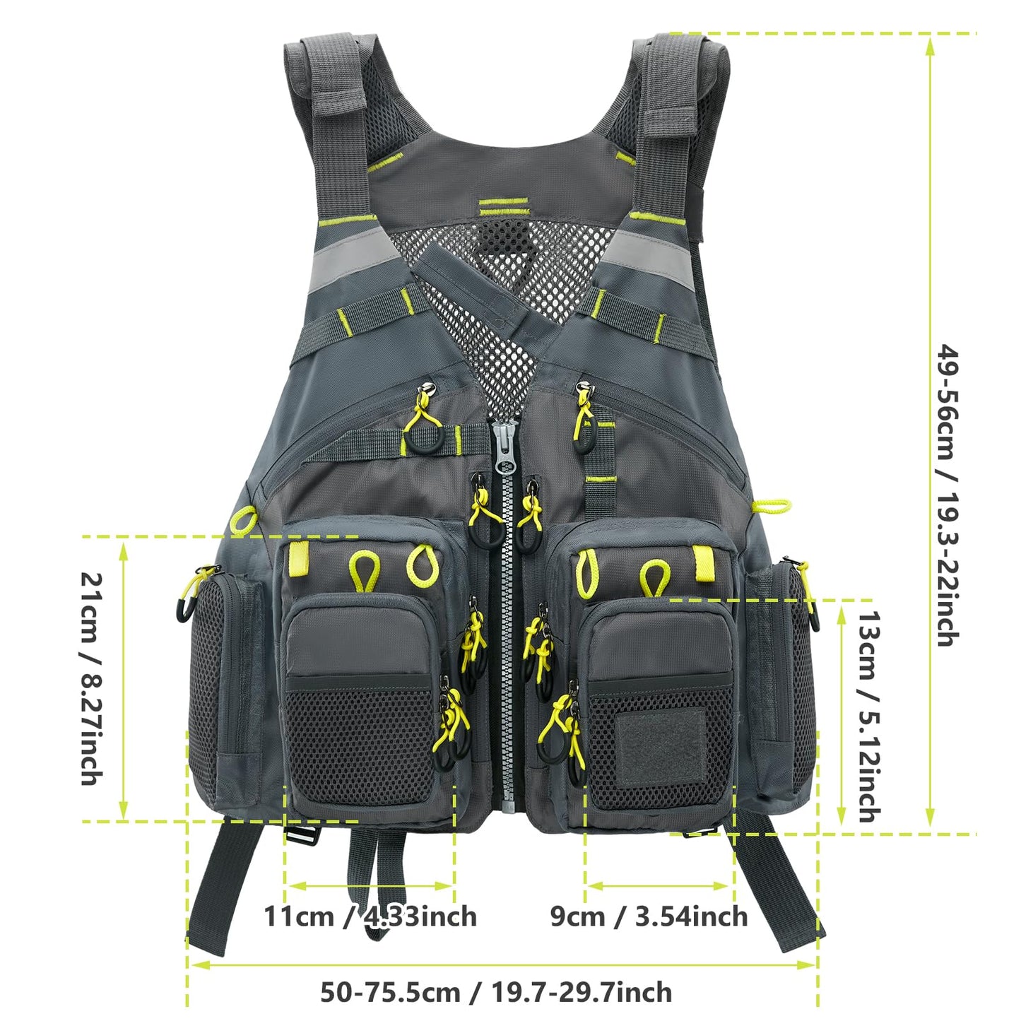 Gonex Fly Fishing Vest for Men Women, Comfortable Adjustable Fishing Vest with Multi-Pockets Reflective Stripes, Gray+Yellow
