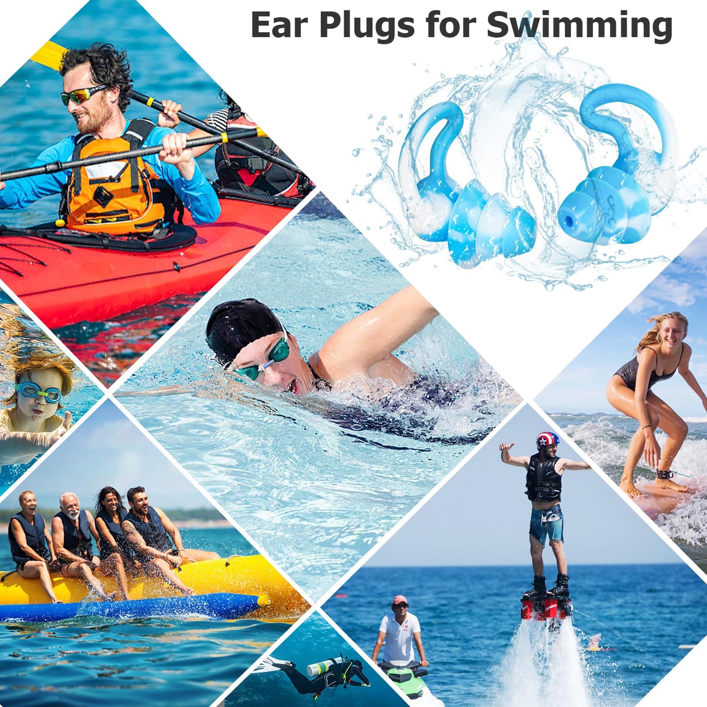 Ear Plugs for Swimming, 2 Pairs Reusable Waterproof Soft Silicone Adult Swim Earplugs for Surfing Snorkeling Bathing & Other Water Sports - Ear Protection(Blue Green)