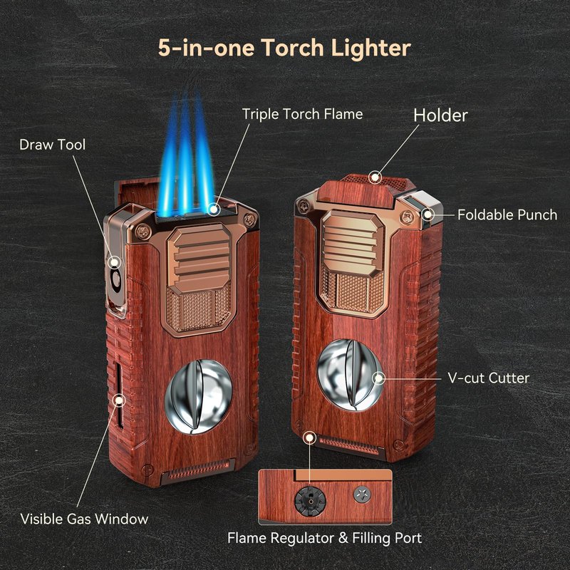 All-in-One Torch Lighter with Built-in V Cutter, Holder, Punch, and Draw Enhancer Tool, Adjustable Triple Jet Flame Lighter with Accessories, Refillable Lighter Gift for Men (Butane not Included)