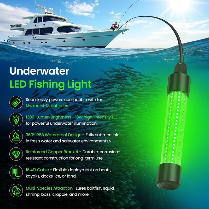 Underwater Green Fishing Light - 13W LED Submersible Light for Docks & Boats | 1300 Lumens, IP68 Rated