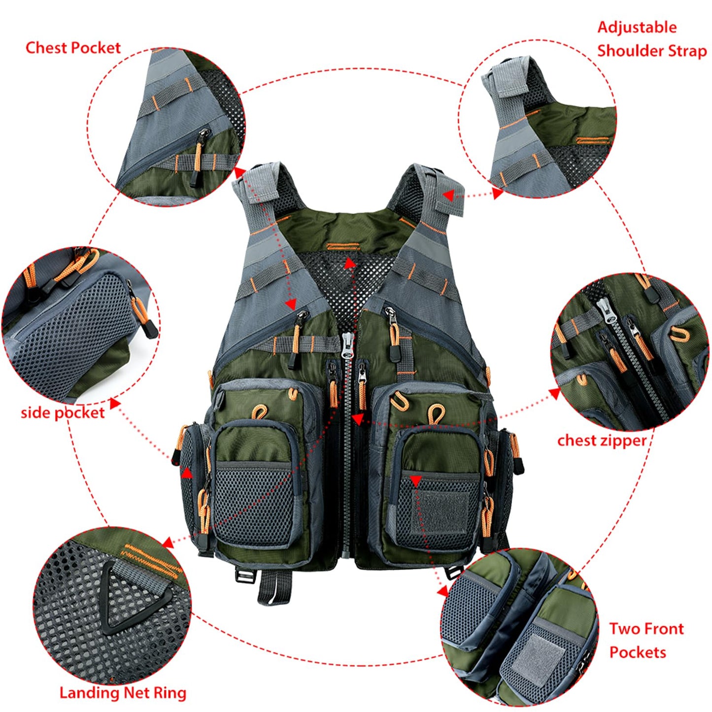 Obcursco Fly Fishing Vest Pack Adjustable for Men and Women with Breathable Mesh, Trout Fishing Gear, for Outdoors Stream Fishing (Army Green)