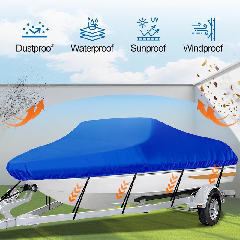 Trailerable Boat Cover - Heavy Duty Waterproof Tarp for V-Hull & Fishing Boats | Fits 14'-16' Long, 68" Wide