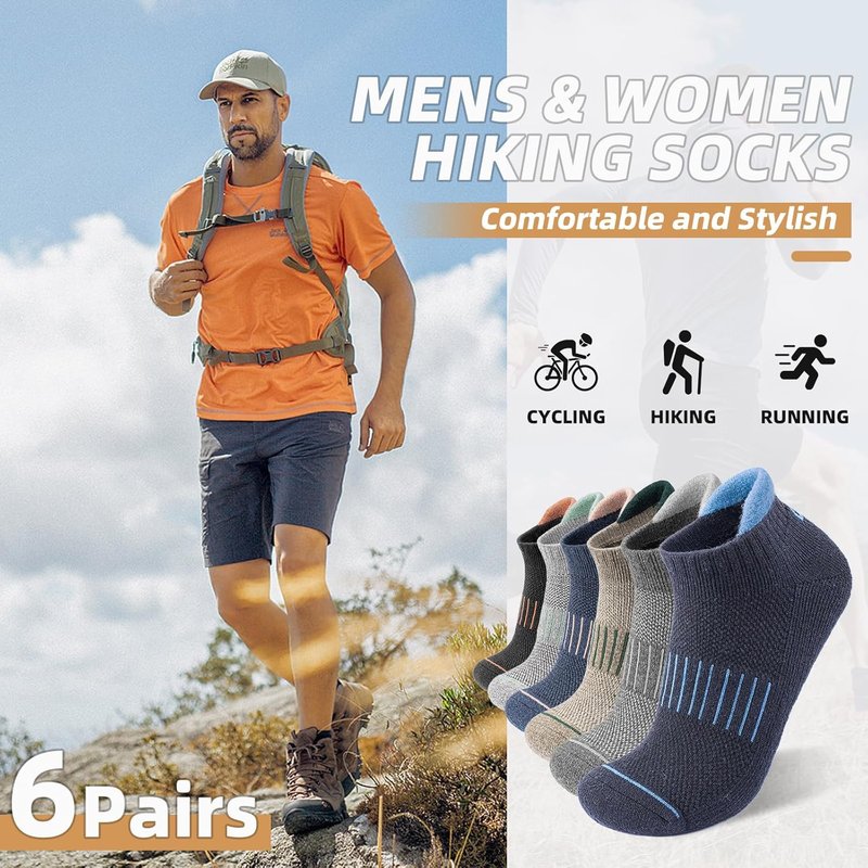 Merino Wool Ankle Hiking Running Socks - Breathable Compression Athletic No Show | 6 Pairs for Men & Women
