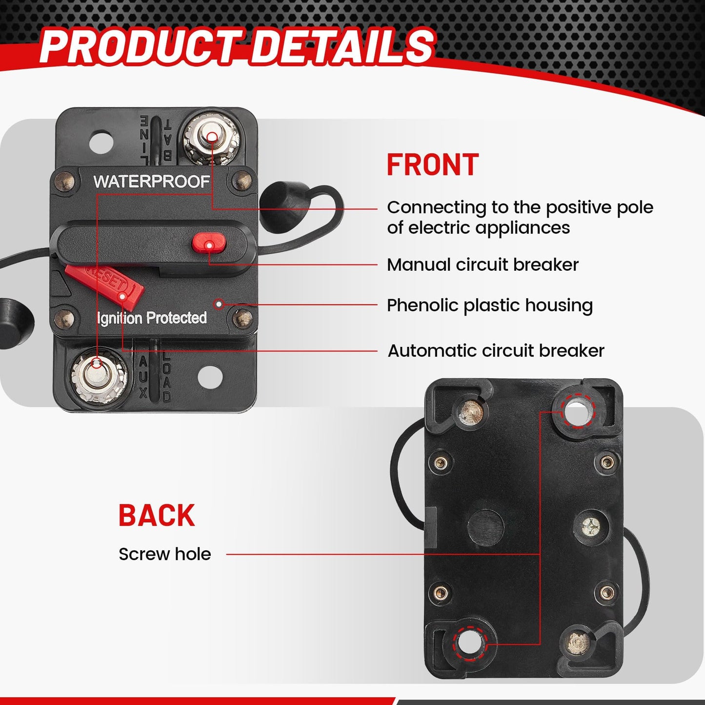 RED WOLF 20A Circuit Breaker Holder W/Manual Reset Switch 12-48V DC for Boat Trolling Motor Marine ATV Trailer Vehicles Stereo Audio Electronic Battery Fuse Solar Power System, 20 Amp Screws