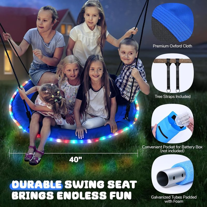 Trekassy 700lbs 40” LED Tree Swing for Kids & Adults | Outdoor Blue with Hanging Straps