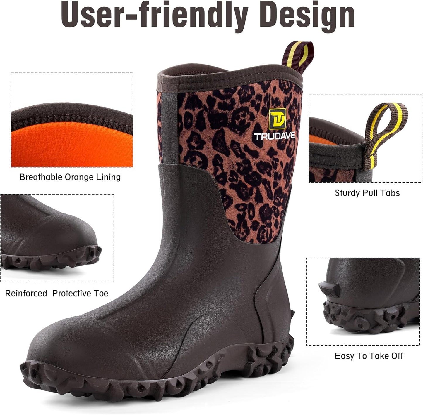 Rubber Boots for Women - Waterproof Insulated Mid Calf Rain Boots with Steel Shank | Sizes 5-11