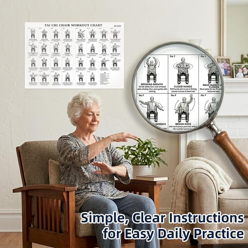 Tai Chi Chair Workout Chart for Seniors - 30-Day Printable Exercise Guide | Easy Step-by-Step Routine (2PCS)