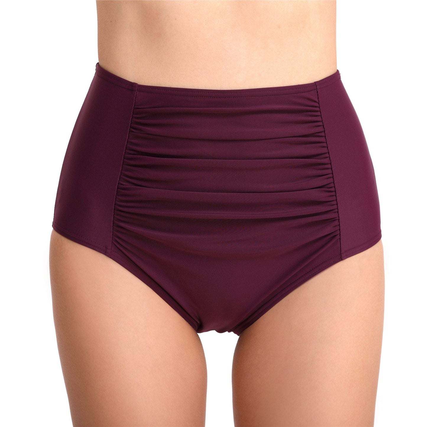 Womens Purple Burgundy High Rise Wasted Swim Bottoms Bathing Suit Retro Front Ruched Slimming Plum XL