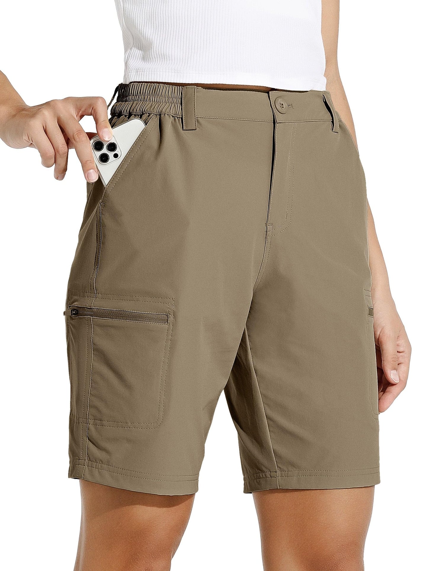 Willit Women's 10" Hiking Cargo Shorts Stretch Golf Active Long Quick Dry Outdoor Summer Shorts Deep Khaki L